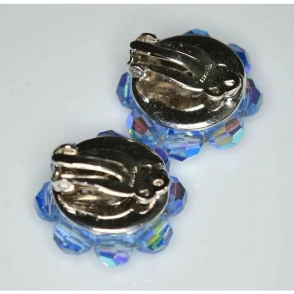 VTG CROWN TRIFARI Silver Tone Blue AB Crystal Rhinestone Clip Earrings - Picture 4 of 4